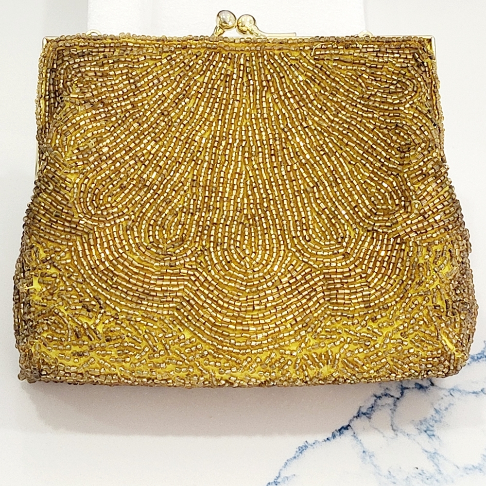 Vintage Beaded Gold Clutch with Long shoulder strap